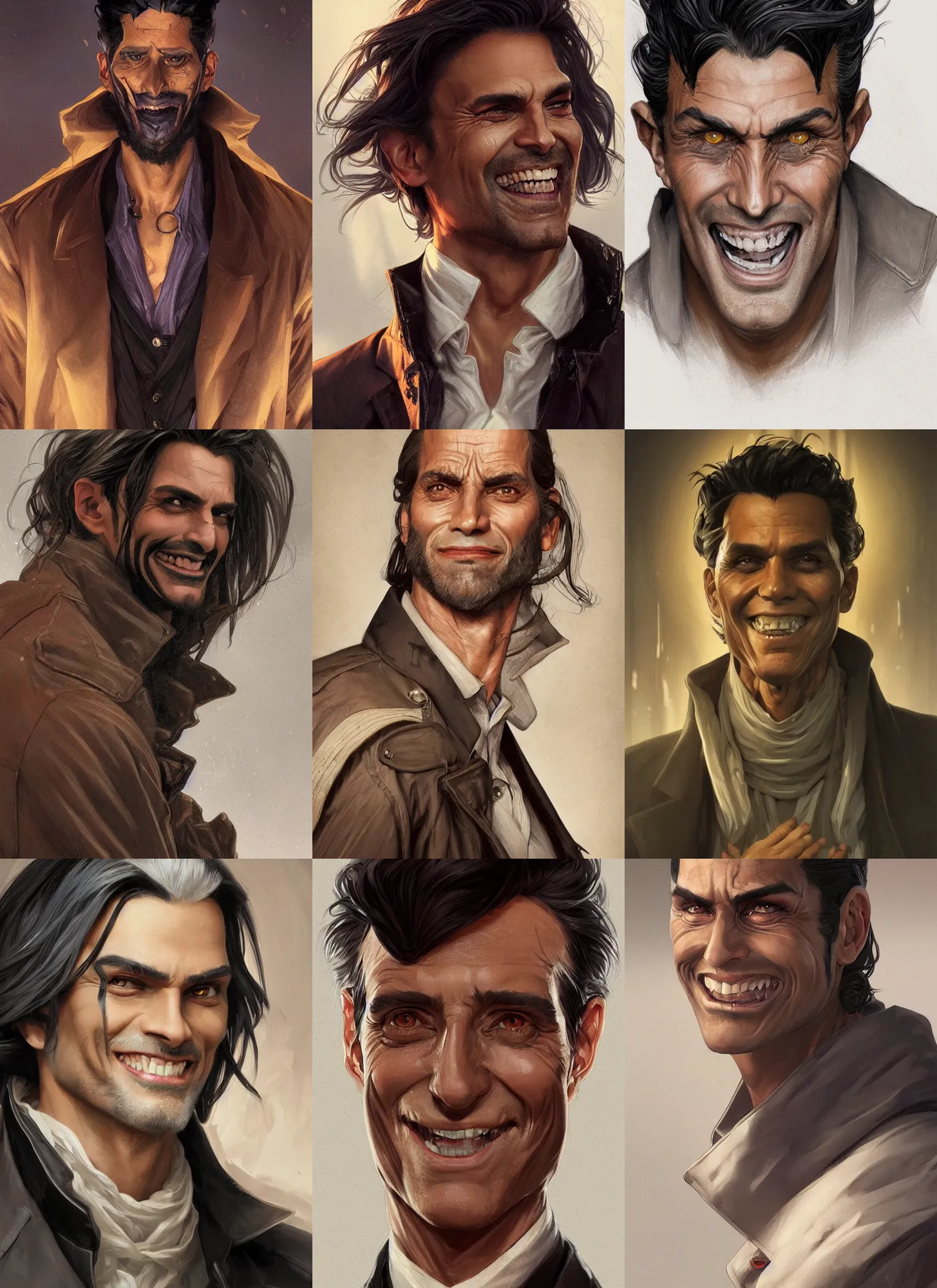 Prompt: Close-up portrait of tanned evil male alchemist with long black greying slicked hair, unsettling grin, trench coat with many pockets, portrait, highly detailed, digital painting, artstation, concept art, sharp focus, illustration, art by artgerm and greg rutkowski and alphonse mucha