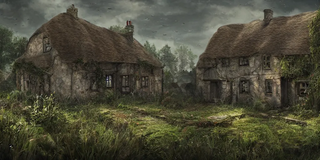 Prompt: photorealistic, ruined english cottage, overgrown vegetation, apocalypse, shadowy lurking creatures, hyperrealistic, grimdark, artstation