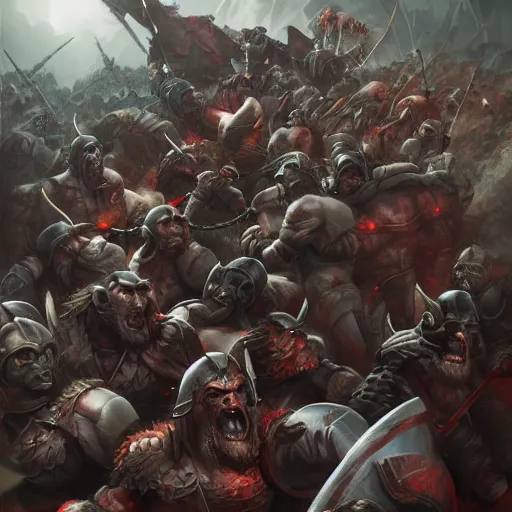 Image similar to three hundred spartans fighting in a war against orcs, artstation.