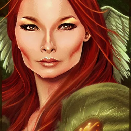 Image similar to Character portrait, face close up: Half Elf Female Celestial Warlock. Tori Amos avenging angel. In the style of Ralph Horsley