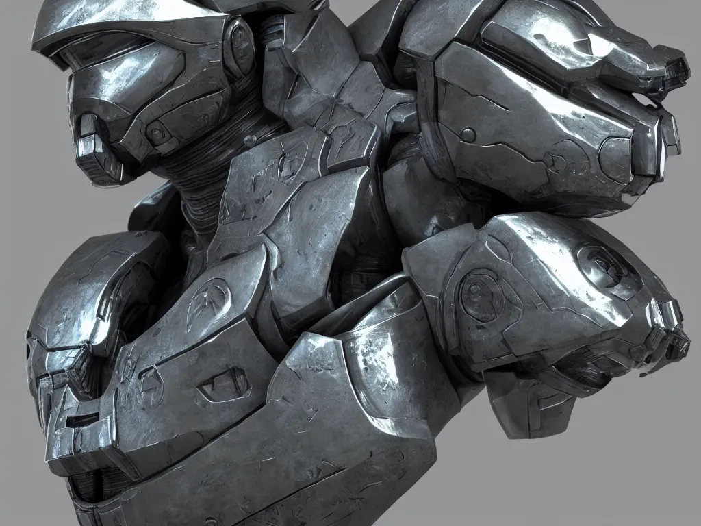 Prompt: master chief bust shot, studio photo, 3 d render, unreal engine, stunning scene, hdr, dynamic lighting, chrome, metallic, shiny, reflective, 8 k