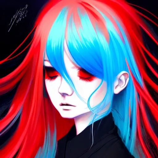 Image similar to red water swirling around rimuru tempest crying, enveloped in ghosts, sky blue straight hair, bangs, with amber eyes, black jacket, high collar, ultra fine detaile, dark theme, digital painting, psychedelic, cinematic, wlop, pixiv, ilya kuvshinov, ross tran