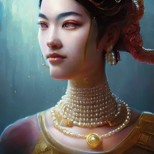 Image similar to a beautiful portrait of a pearl goddess by greg rutkowski and raymond swanland, trending on artstation, ultra realistic digital art