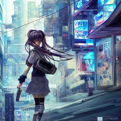 Image similar to dynamic composition, motion, ultra-detailed, incredibly detailed, a lot of details, amazing fine details and brush strokes, colorful and grayish palette, smooth, HD semirealistic anime CG concept art digital painting, watercolor oil painting of Clean and detailed post-cyberpunk sci-fi close-up schoolgirl in asian city in style of cytus and deemo, blue flame, relaxing, calm and mysterious vibes,, by a Chinese artist at ArtStation, by Huang Guangjian, Fenghua Zhong, Ruan Jia, Xin Jin and Wei Chang. Realistic artwork of a Chinese videogame, gradients, gentle an harmonic grayish colors. set in half-life 2, Matrix, GITS, Blade Runner, Neotokyo Source, Syndicate(2012), dynamic composition, beautiful with eerie vibes, very inspirational, very stylish, with gradients, surrealistic, dystopia, postapocalyptic vibes, depth of field, mist, rich cinematic atmosphere, perfect digital art, mystical journey in strange world