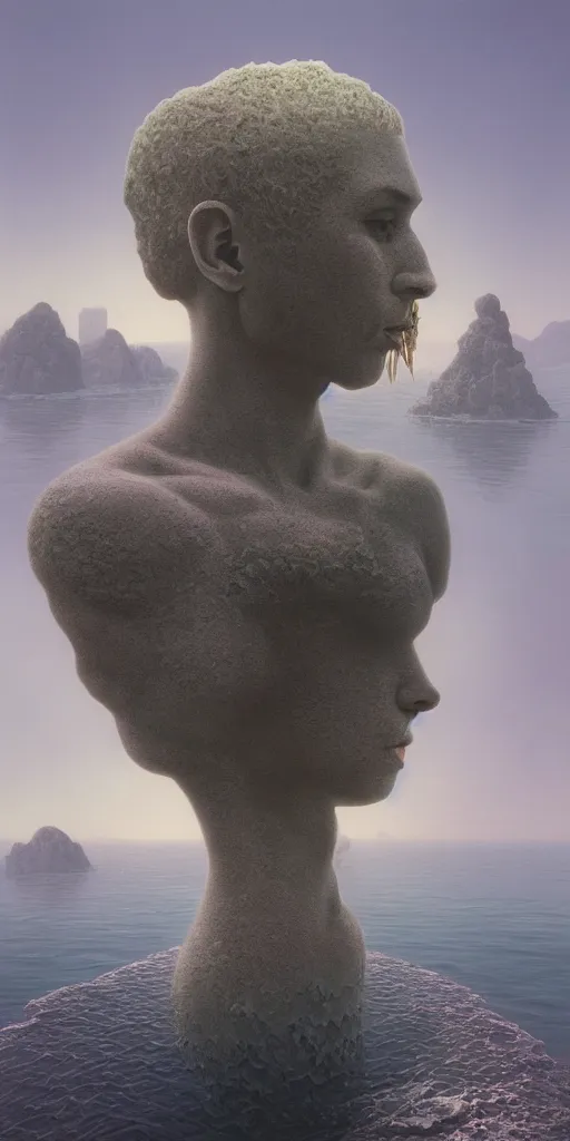 Prompt: Filip Hodas, minimalistic, hyperrealistic surrealism, award winning masterpiece with incredible details, epic stunning, infinity pool, a surreal vaporwave liminal space, highly detailed, trending on ArtStation, artgerm and greg rutkowski and alphonse mucha, daily deviation, IAMAG, broken giant marble head statue ruins, nightscape, milkyway