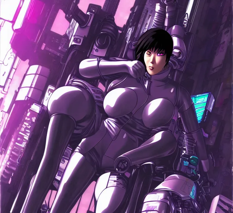 Image similar to motoko kusanagi riding a cyberpunk vehicle in a grungy cyberpunk megacity, bosozoku gang war, cyberpunk vaporwave, by phil jimenez, artgerm, sola digital arts, anti aliasing, raytracing