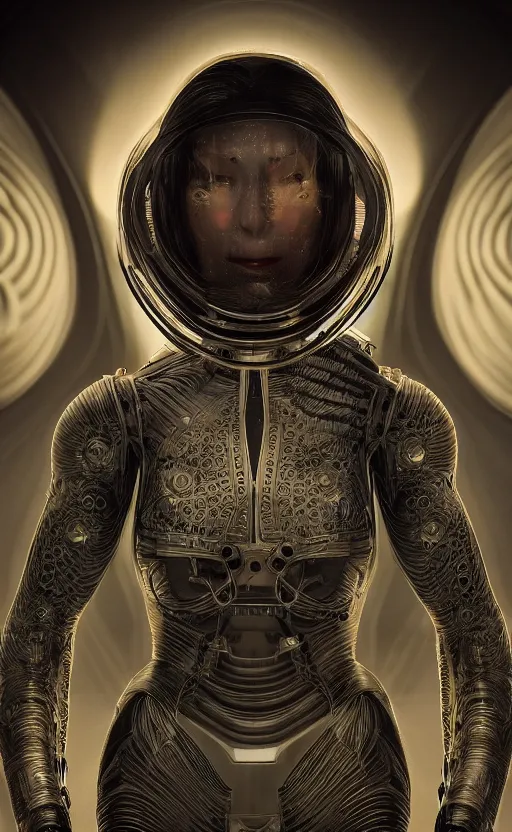 Image similar to portrait of a woman wearing a science fiction suit, technology, sci fi, beautiful detailed intricate insanely detailed octane render, 8K artistic photography, photorealistic, chiaroscuro, by Raphael, Caravaggio, directed by Denis Villeneuve