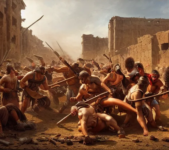 Image similar to an epic matte painting of podcasters fighting in the streets of an ancient city during the bronze age collapse, soft lighting, very coherent, oil on canvas in the style of John grimshaw,