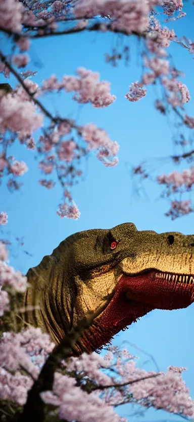 Image similar to “ a portrait photo of tyrannosaurus at a sakura tree, side shot, by shunji dodo, 8 k resolution, high quality ”