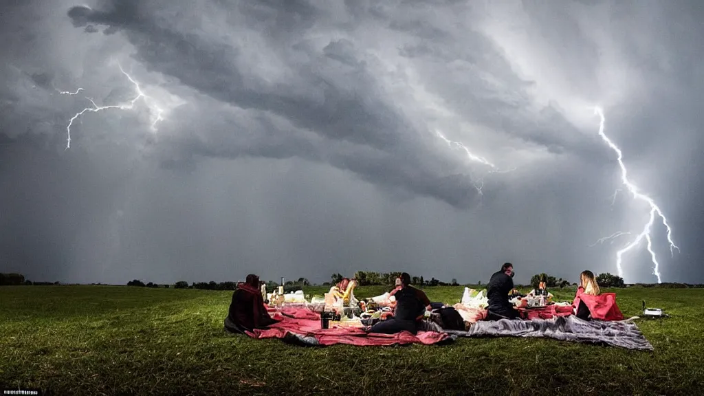 Prompt: climate change catastrophe, lightning, hurricane, hailstorm, gale-force winds, floods, as seen by a couple having picnic in a park, moody and dark large-format photography, wide angle