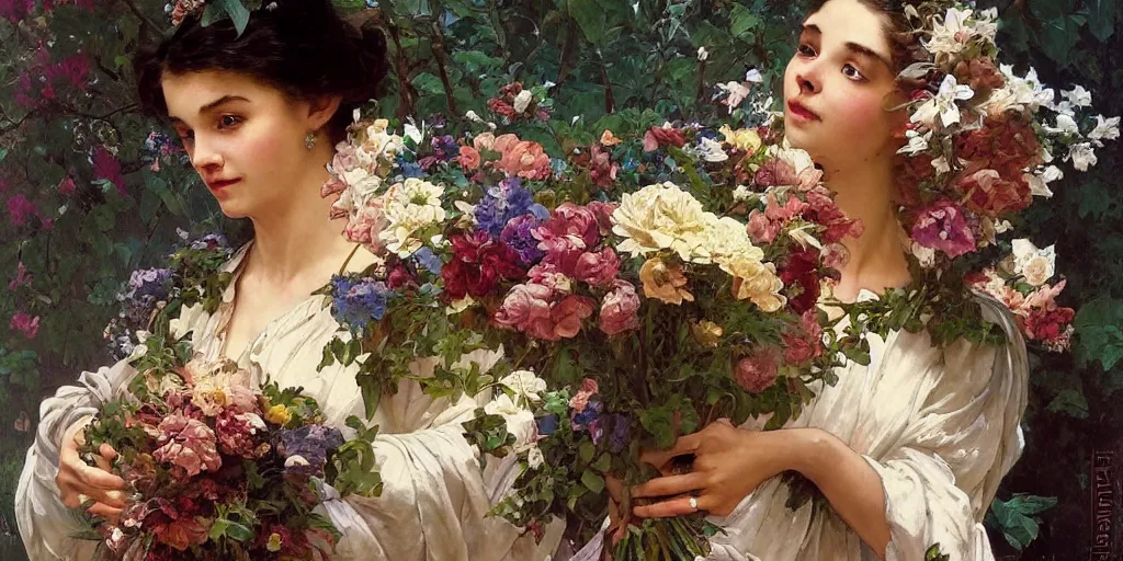 Image similar to portrait of a beautiful mysterious woman holding a bouquet of flowing flowers, hands hidden under the bouquet, large vases filled with flowers in the background, fantasy, regal, intricate, by stanley artgerm lau, greg rutkowski, thomas kindkade, alphonse mucha, loish, norman rockwell