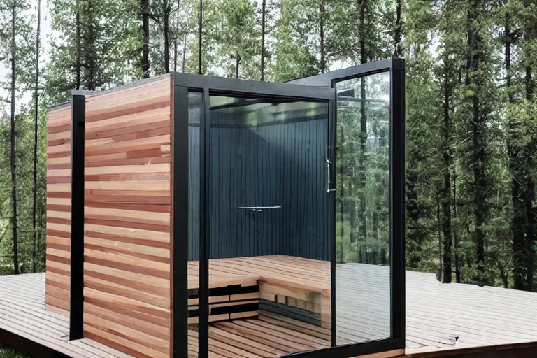 Prompt: unique modern finnish sauna in a backyard