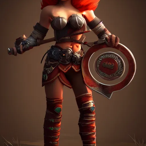 Image similar to beautiful redhead elf, warrior outfit, clash royal style characters, unreal engine 5, octane render, detailed, cinematografic, cinema 4 d