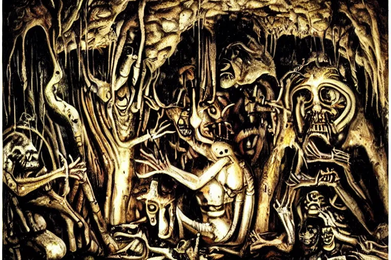 Image similar to stone age rave in a cave, necronom v, painting by h. r. giger