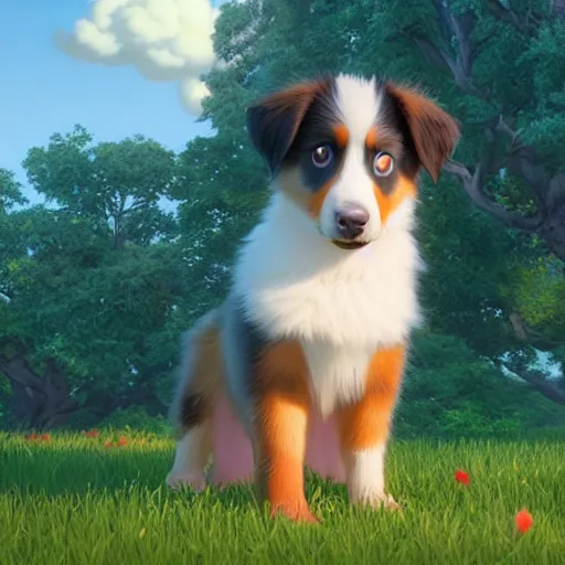 Image similar to a wholesome animation key shot of an australian shepherd puppy, studio ghibli, pixar and disney animation, sharp, rendered in unreal engine 5, anime key art by greg rutkowski, bloom, dramatic lighting