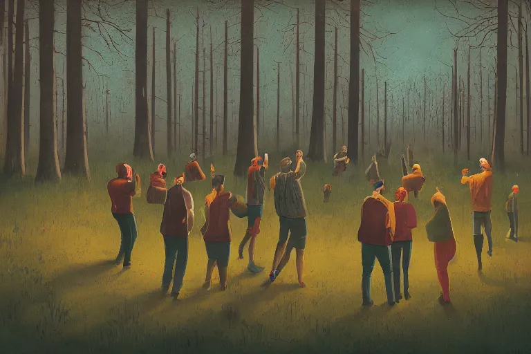 Image similar to mid - thirties guys binge drinking in a forest, in the style of simon stalenhag