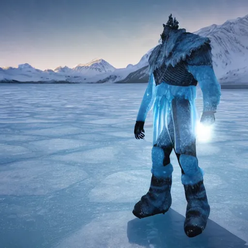 Prompt: An ice knight with blue glowing eyes standing on a frozen lake, snowy weather, ice mountains in background, trending on Artstation, award-winning, epic, cinematic view, 8k, ultra realistic, vibrant colors, octane render