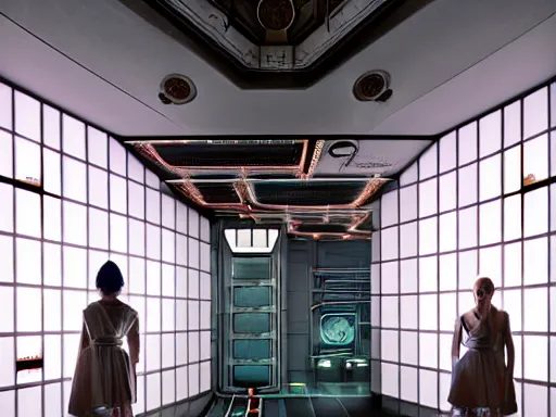 Prompt: high detailed porcelain android with in sci - fi server room. cyberpunk intricate, elegant, by greg rutkowski, conrad roset, takato yomamoto, james jean, rule of thirds, seductive look. octane render from odyssey 2 0 0 1 by stanley kubrick and mendosa