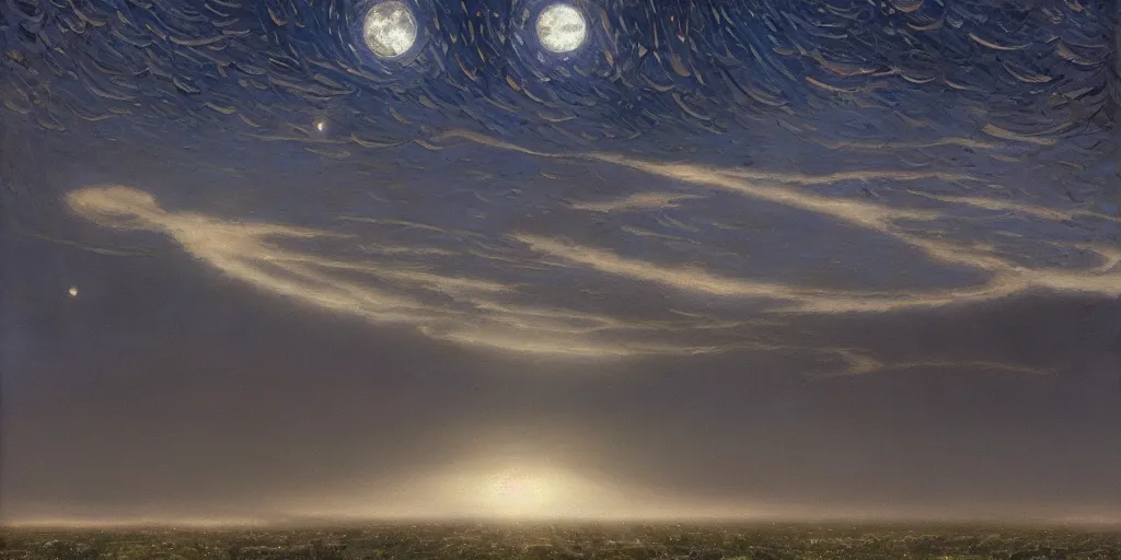 Prompt: the cloudy moonlit sky, landscape art by donato giancola and greg rutkowski, digital art, trending on artstation, symmetry!!, volumetric lighting, hdr, starry night, high contrast