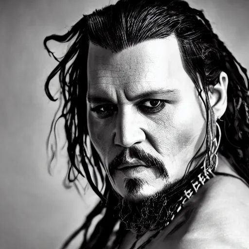 Image similar to portrait of johnny depp as khal drogo from games of thrones, mascular, symmetrical, nikon 3 5 mm photography, ultrarealistic