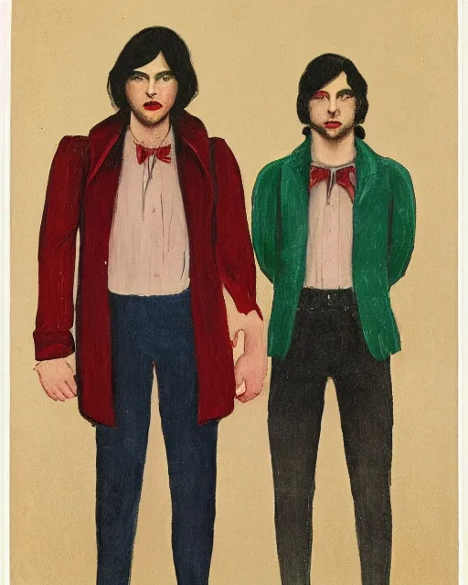 Image similar to an instant photo of two beautiful but sinister young men wearing oxford shirts in layers of fear, with haunted eyes and dark hair, 1 9 7 0 s, seventies, wallpaper, a lot of blood, moonlight showing injuries, delicate embellishments, painterly, offset printing technique, by brom, robert henri, walter popp