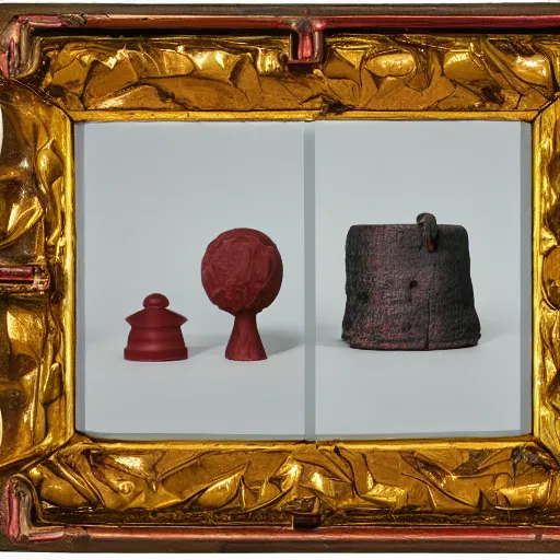 Prompt: A three color offset photography of single surrealist object on display, anthropology of wonder, surrealism, exotic artifacts, colonial expedition, exhibition, 60s style