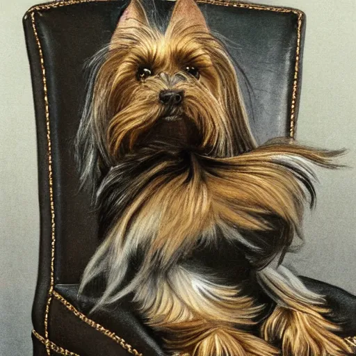 Image similar to an old happy brown and gray Yorkshire terrier dog lounging in a leather chair, long hair, extremely detailed masterpiece, illustration, by Michael Sowa,