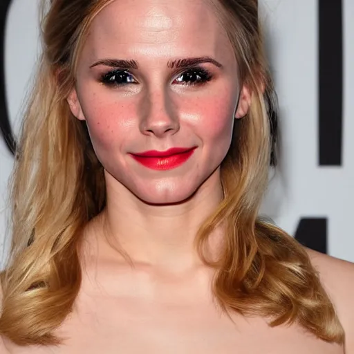 Prompt: a woman who is a genetic combination of kristen bell and emma watson face and upper - body focus