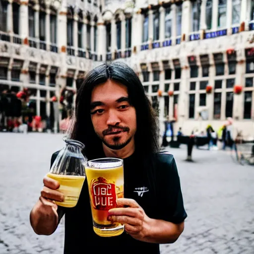 Prompt: very long haired Asian man with some facial hair skating and drinking a Jupiler beer in Brussels