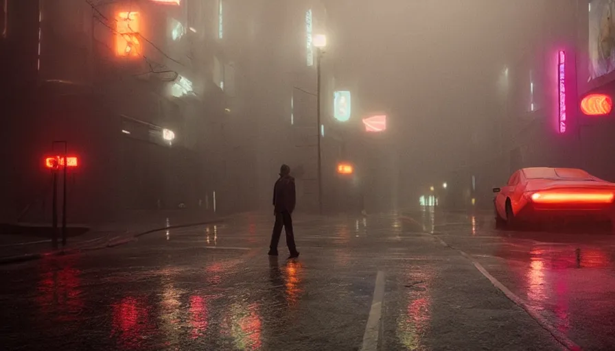 Prompt: street from bladerunner 2049, neon lights, rain, flying cars, people walking