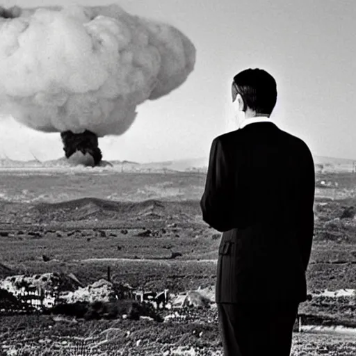 Image similar to Mr Bean watching the atomic bomb explode in the distance