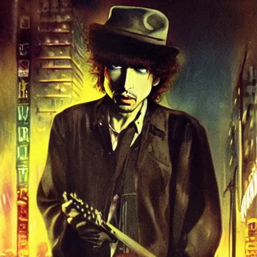 Prompt: 1 0 meter tall bob dylan terrorising the city, blade runner aesthetic