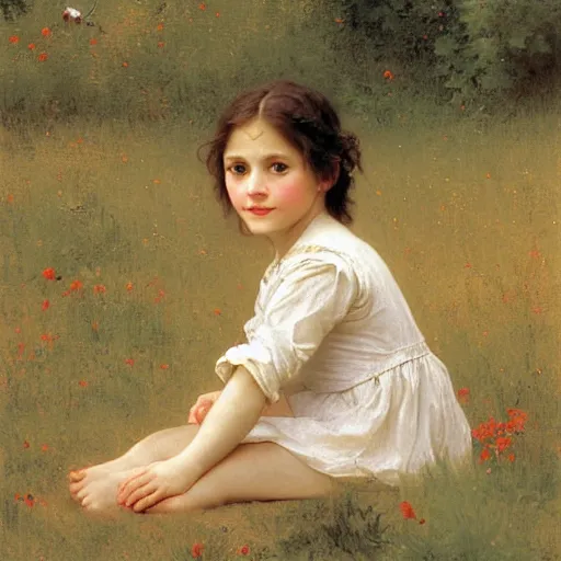 Prompt: a little girl with short wavy brown hair sitting in a field of wildflowers. beautiful painting by bouguereau.