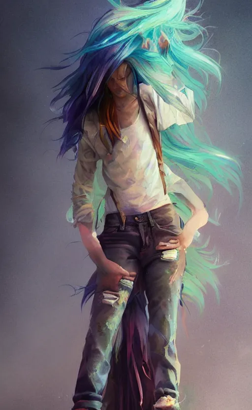 Image similar to a grungy woman with rainbow hair, drunk, soft eyes and narrow chin, dainty figure, long hair straight down, torn kawaii shirt and baggy jeans, basic white background, In style of by Jordan Grimmer and greg rutkowski, crisp lines and color,