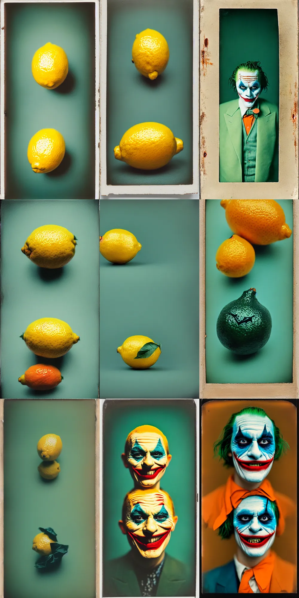 Image similar to kodak portra 4 0 0, wetplate, 8 k, shot of a highly detailed, britt marling style, colour still - life portrait of a lemon looks like 1 9 9 9 joker, teal and orange, muted coloures