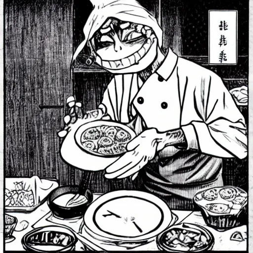 Prompt: evil anthropomorphic cookie cooking a bunch of cookies, in the kitchen, in vagabond manga by takehiko inoue, black ink