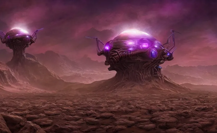 Prompt: matte painting of ant aliens in a desert, science fiction art, elaborate, detailed digital art, trending in artstation, purple color lighting