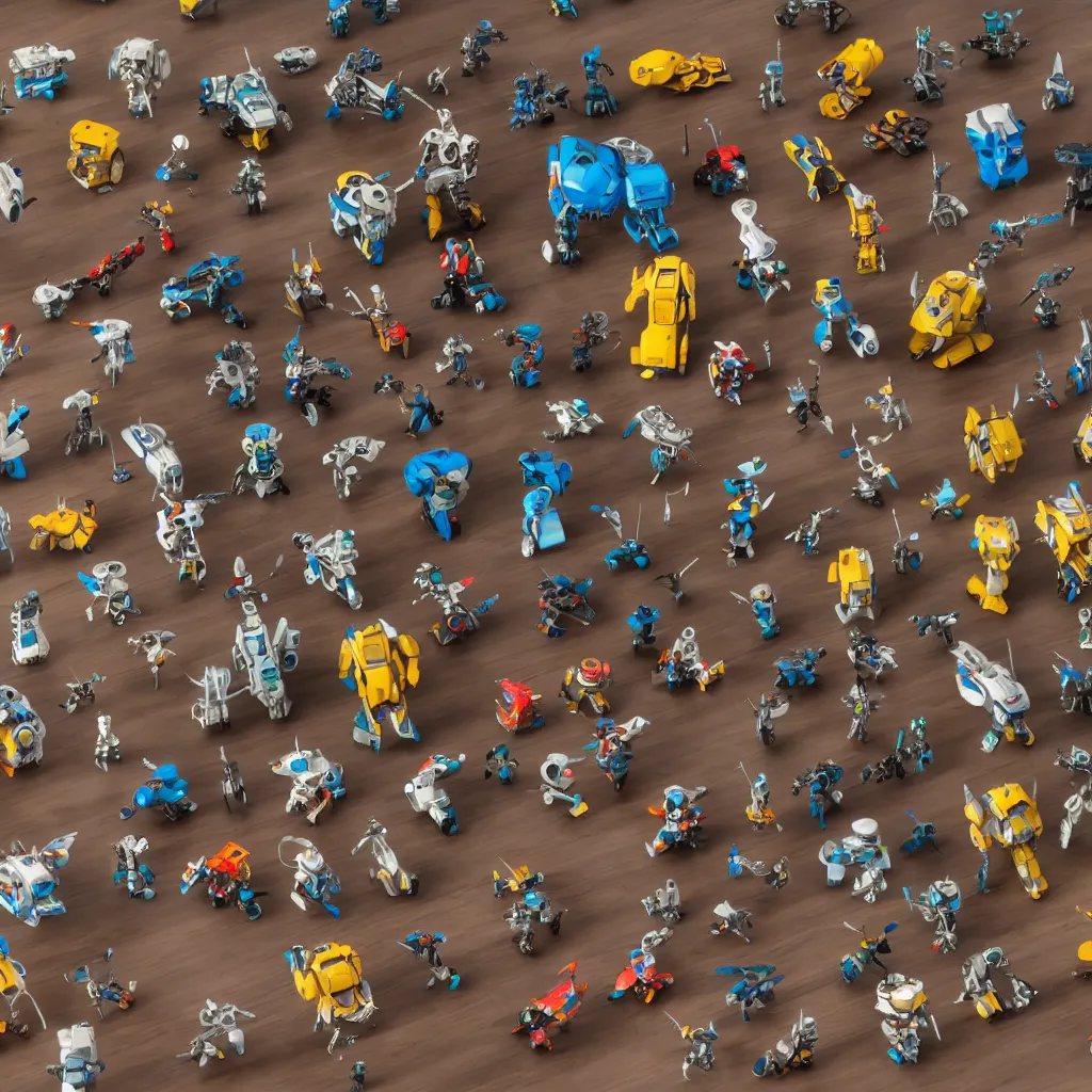 Image similar to a collection of tiny mecha robots, inside different color wooden boxes. top down photo, close macro photo. cinema 4d render , studio photo, 8k