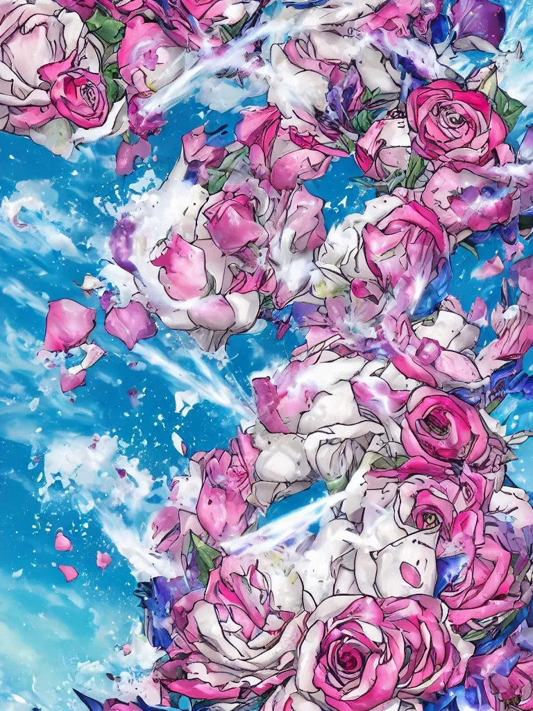 Image similar to hadoken force ball of white and pink roses, flowers exploding and splattering, blue sky, big puffy clouds, spraypaint, wildstyle, totem 2, exploding roses, hodouken, large rose petals, lotus petals, large triangular shapes, studio ghibli anime, radiant lighting, artgerm, manga, trending on artstation, art nouveau, mature colors