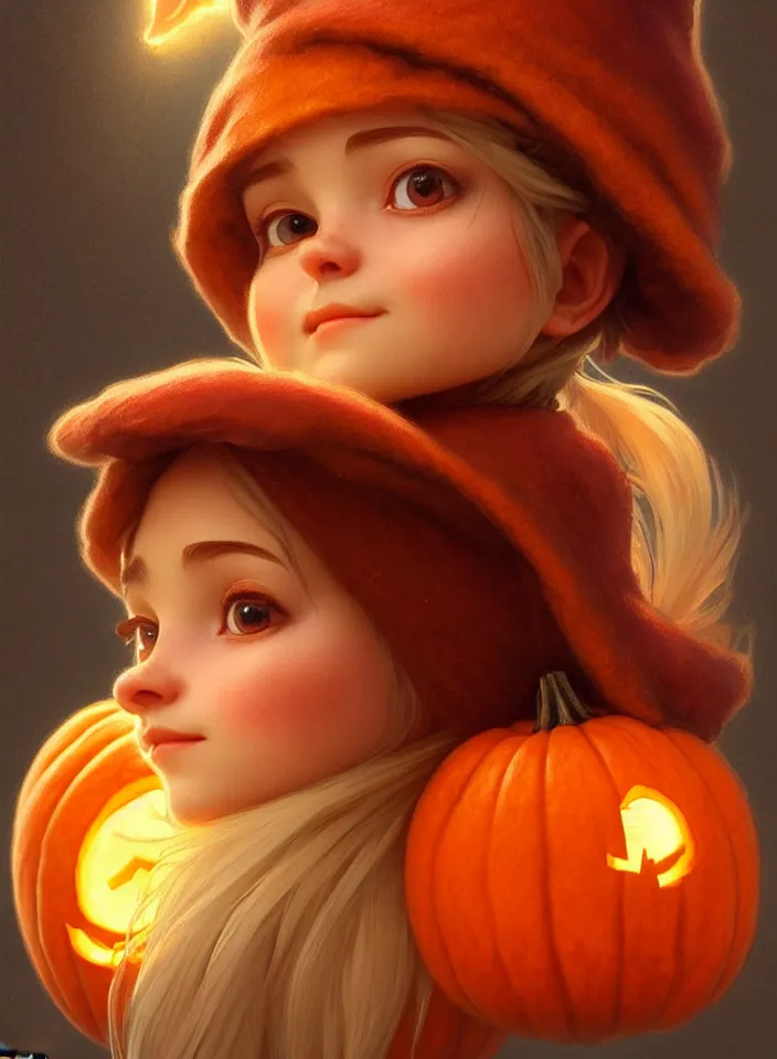 Image similar to hand drawn cute one gnomes face in autumn and pumpkin, detailed closeup face, concept art, low angle, high detail, warm lighting, volumetric, godrays, vivid, beautiful, trending on artstation, art by artgerm and greg rutkowski and alphonse mucha