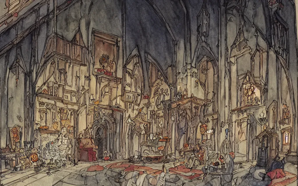 Prompt: interior, a large hall in the castle decorated for halloween drawn by hayao miyazaki, watercolor illustration for a book