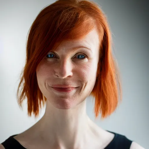 Prompt: A thin, Caucasian red haired woman with an extremely large head in proportion to her face and body, smirking ruefully, professional lighting, portrait shot photography