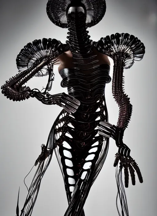 Prompt: walking down the catwalk, show, stage, vogue photo, podium, fashion show photo, historical baroque dress, iris van herpen, beautiful woman, full body shot, masterpiece, inflateble shapes, alien, plant predator, guyver, jellyfish, wires, veins, white biomechanical details, wearing epic bionic cyborg implants, highly detailed