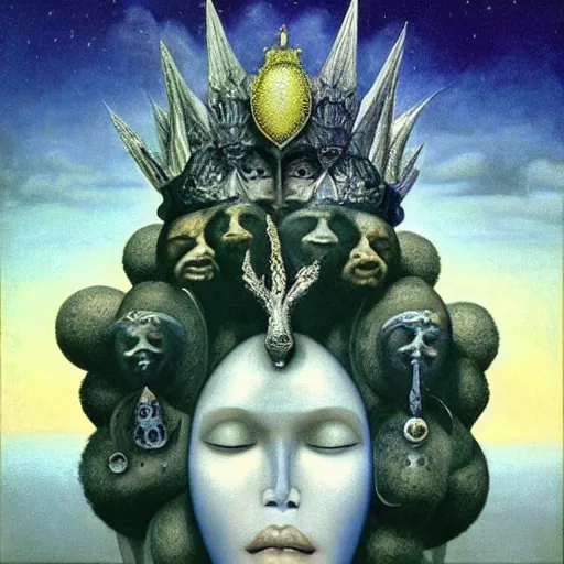 Image similar to Artemixel, the modern reincarnation of the old selenium god of hunt and moon, also known as Artemis or Selene, carrying the crown of the crescent moon. They are crowned by a bright and slightly bluish crescent like the brightness of the night. Portrait by Zdzislaw Beksinski and Jeffrey Smith, oil on canvas.