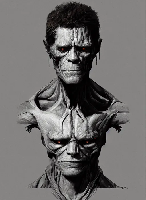 Image similar to willem dafoe as victor stone, full body concept, cyborg, borg, strogg, face of a man, terminator, flesh, quake strogg, doom demon, wolfenstein, monstrous, symmetry, symmetrical, concept art by ruan jia and greg rutkowski