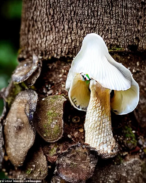 Prompt: a small family of conical oyster mushrooms is located on a rotten stump, which suspiciously reach for an unusual symbol on the wall depicting a dissected cross