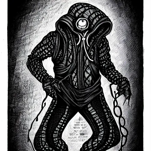 Prompt: black ink on paper, illithid in a straitjacket, trending on artstation, beautiful, intricate, detailed