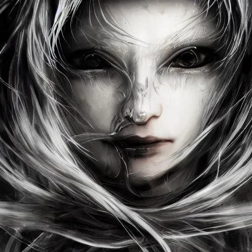 Image similar to yoshitaka amano blurred and dreamy illustration of an anime girl with pirate eye patch, wavy white hair and cracks on her face wearing elden ring armour with the cape fluttering in the wind, abstract black and white patterns on the background, noisy film grain effect, highly detailed, renaissance oil painting, weird portrait angle