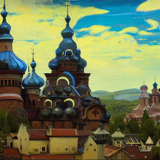 Image similar to photo beautiful magical ancient Slavic Russian city of Kitezh, fisheye lens, painting by Viktor Vasnetsov, concept art, magical city, fantasy cityscape, painting by Nicholas Roerich, ancient Slavs, wooden buildings, ancient Russian architecture, terem, hyperborea, top cinematic lighting , cinematic mood, very detailed, 8k, high resolution, trending on artstation, artstationHD,
