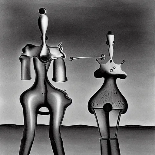 Prompt: Two mechanical beings in a deep conversation. Dali. Yves Tanguy,